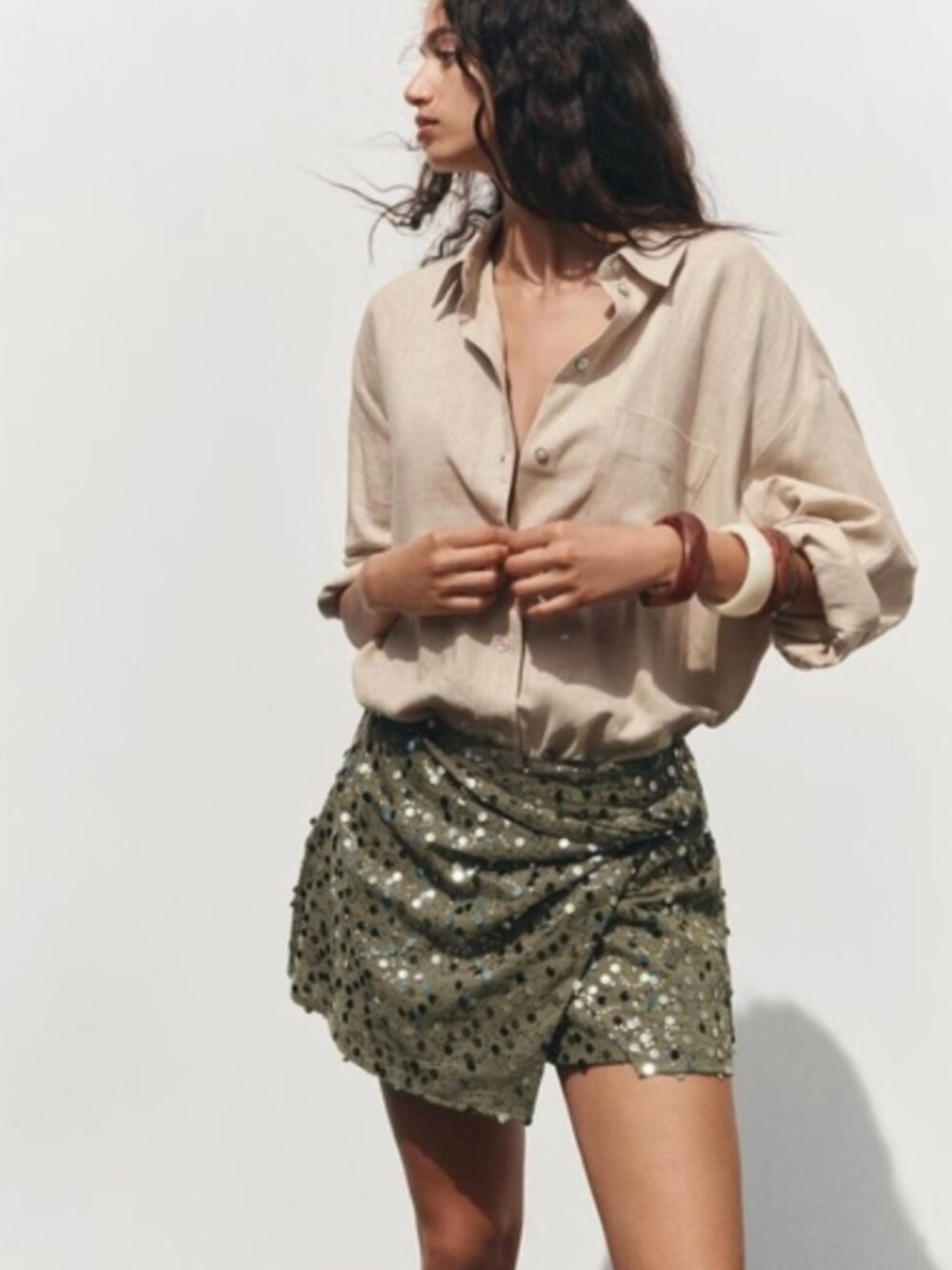 Zara NWT | Green Sparkle Mini Skort - Picture 2 of 12